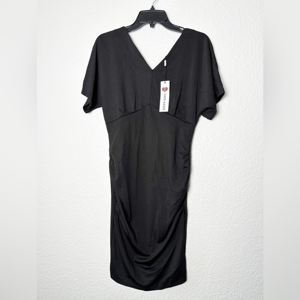 NWT Kate Kasin Women V Neck Gathered Midi Black Short Sleeve Dress